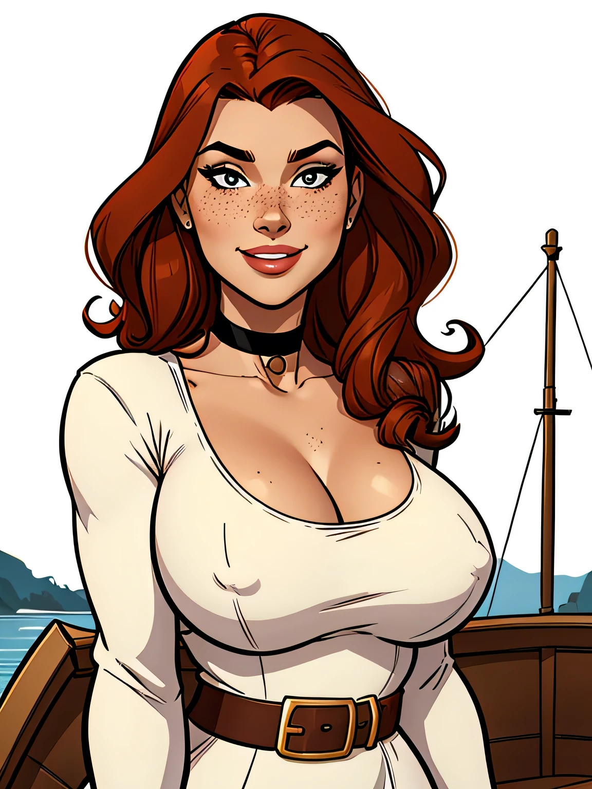 Thin woman, age 25, 4K (High definition), mysterious smile, seducing gaze, eyes browns, wearing tiara and medieval dress (red and white edges) with a boat neckline and long sleeves, arms at the side of the body, choker on the neck, brown belt, Caucasian skin, long curly red hair, standing (upper body), full of curves with freckles across her chest and neck, big natural round breasts. Marvel style high quality, white background.