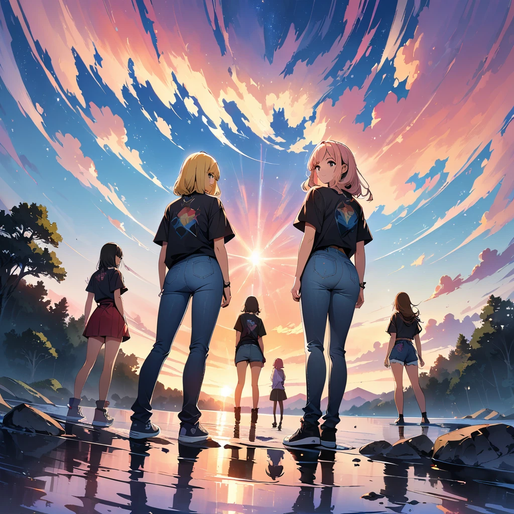 official art, unified 8k wallpaper, super detailed, masterpiece, Best image quality,super wide angle,evening,(four girls are standing side by side:1),black t-shirt and jeans, rock stars, Standing in the pond,Backlit, water is like a mirror,reflecting the sky。look up to the sky,Colorful sunset,Dynamic angle, grace, bright colors, from behind