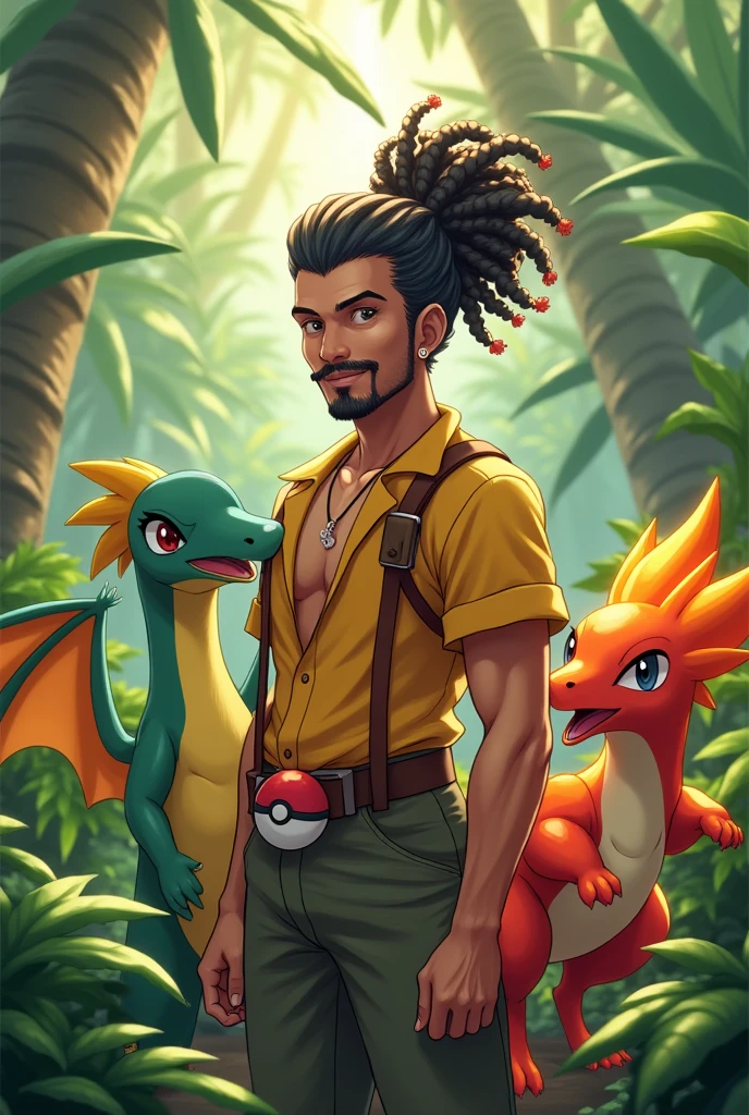 draw a Latin Pokemon trainer with a bun and curly hair, scraped on the side, with beard and mustache, ao lado do pokemon shiny dragonite, do pokemon blaziken