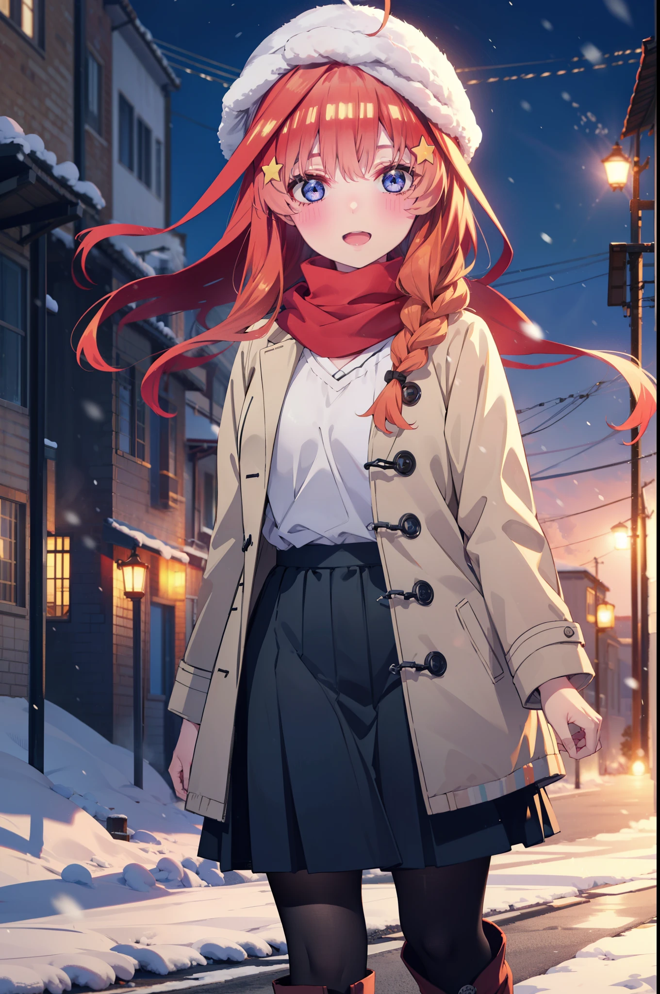 itsukinakano, Itsuki Nakano, bangs, blue eyes, Hair between the eyes, Ahoge, Redhead, star \(symbol\), hair ornaments, star hair ornaments,smile,Open your mouth,White Breath,blush,Long, thick braids,Knitted hat,White scarf,Red long coat,V-neck sweater,Black long skirt,short boots,snowが降っている,snowが積もっている,snow,snow,snow,snow,Walking,whole bodyがイラストに入るように,night,
break outdoors,Residential Street,
break looking at viewer, whole body,
break (masterpiece:1.2), Highest quality, High resolution, unity 8k wallpaper, (figure:0.8), (Beautiful attention to detail:1.6), Highly detailed face, Perfect lighting, Highly detailed CG, (Perfect hands, Perfect Anatomy),