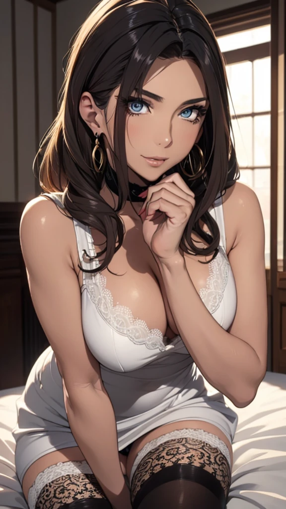 ((Correct Anatomy)),((Beautiful feet)),(White Sleeveless Dress)、((Lace panties)),(Black Stockings),((Long Hair)),Ultra-high resolution, Mature Woman, Very detailed,Perfect hands, Detailed fingers, Beautiful details,Black choker, Earrings,Perfect Eyes, Seductive eyes, 