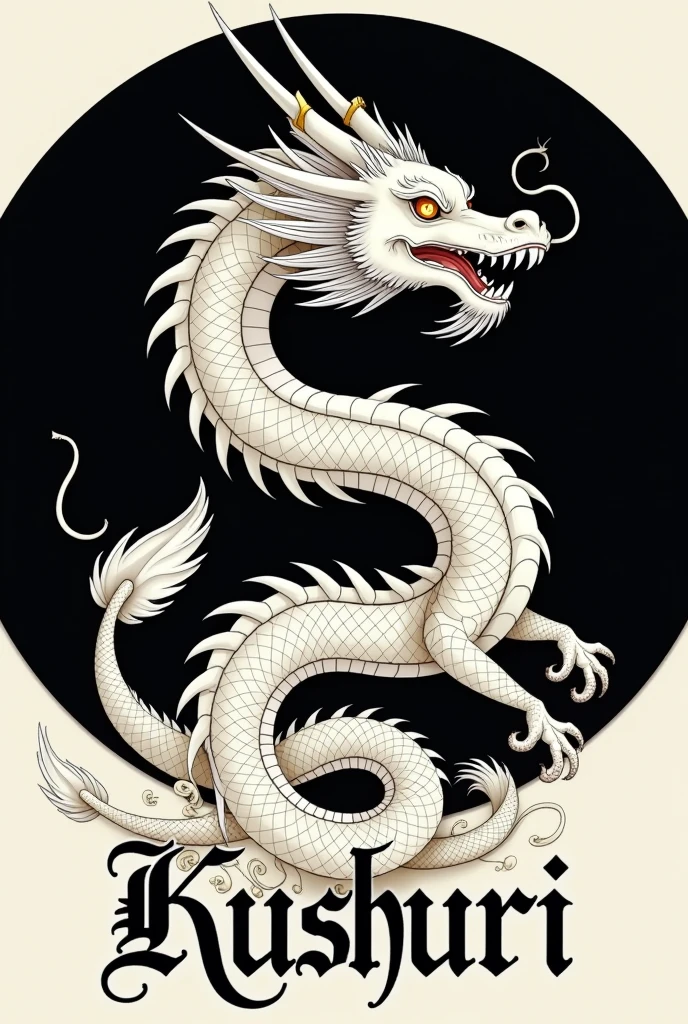 white japanese dragon facing right on a black circle, logo, size 512x512, "Kushuri" Written on the bottom of the circle, size 512x512