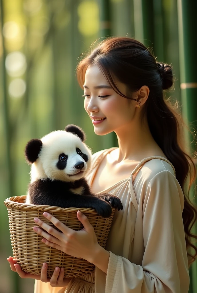 ((masterpiece,best quality,）），close up，side，Cute panda in a small bamboo basket，Sexy woman holding a basket