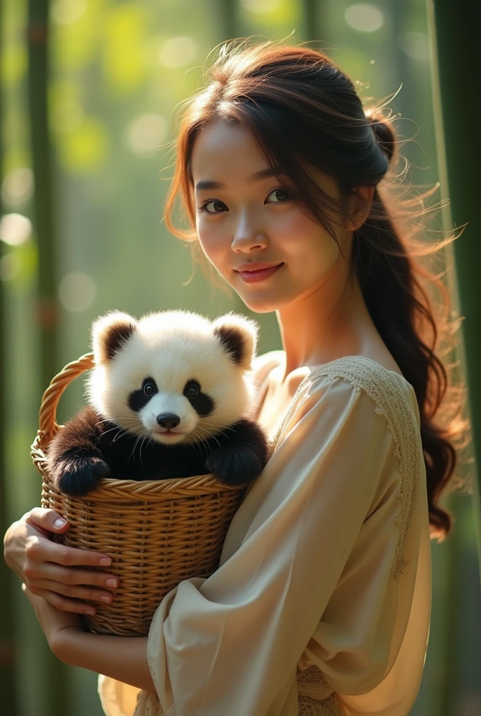 ((masterpiece,best quality,）），close up，side，Cute panda in a small bamboo basket，Sexy woman holding a basket