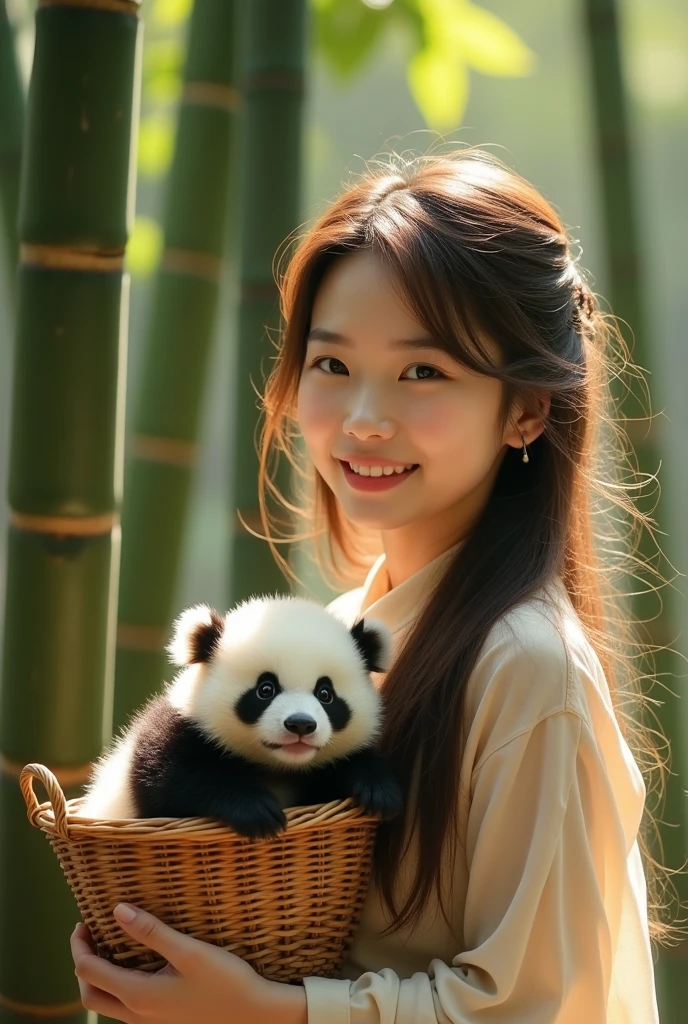 ((masterpiece,best quality,)),close up,side,Cute panda in a small bamboo basket,Sexy woman holding a basket