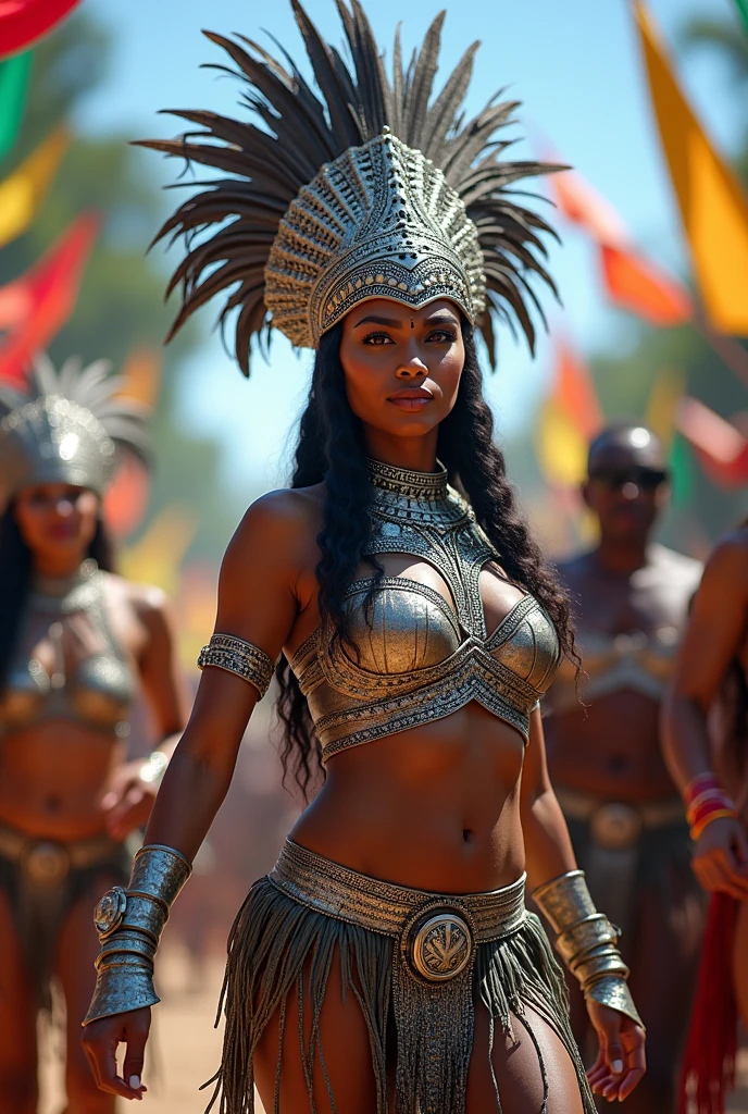 Silver women's samba costume with an African warrior theme