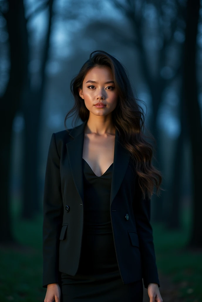 (1 girl), beautiful, Amazing face and eyes, cosmetic, (Extremely delicate beautiful face), (The sexiest look), (beautiful big breasts:1.1), (best quality:1.4), (Ultra Detailed), (Extremely detailed CG unified 8k wallpaper), Very detailed, original photo, Professional photography, ((Business suit)), (tight skirt), (Open collar business shirt), outdoor, ((Night Forest)), (Night Sky), Depth of Field, (View from below),