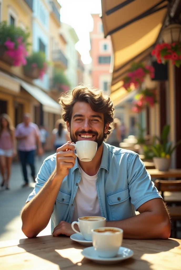 Tourist man drinking coffee