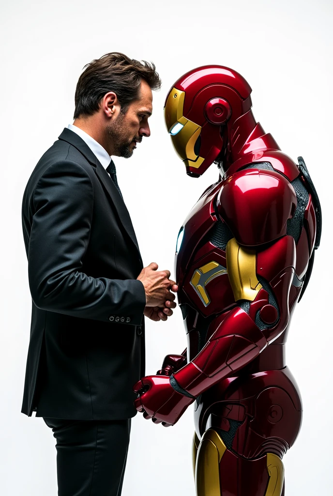 Tony Stark and Iron Man bumping backs, looking in opposite directions, in profile, fighting stances, full body.
Drawing with a white background.