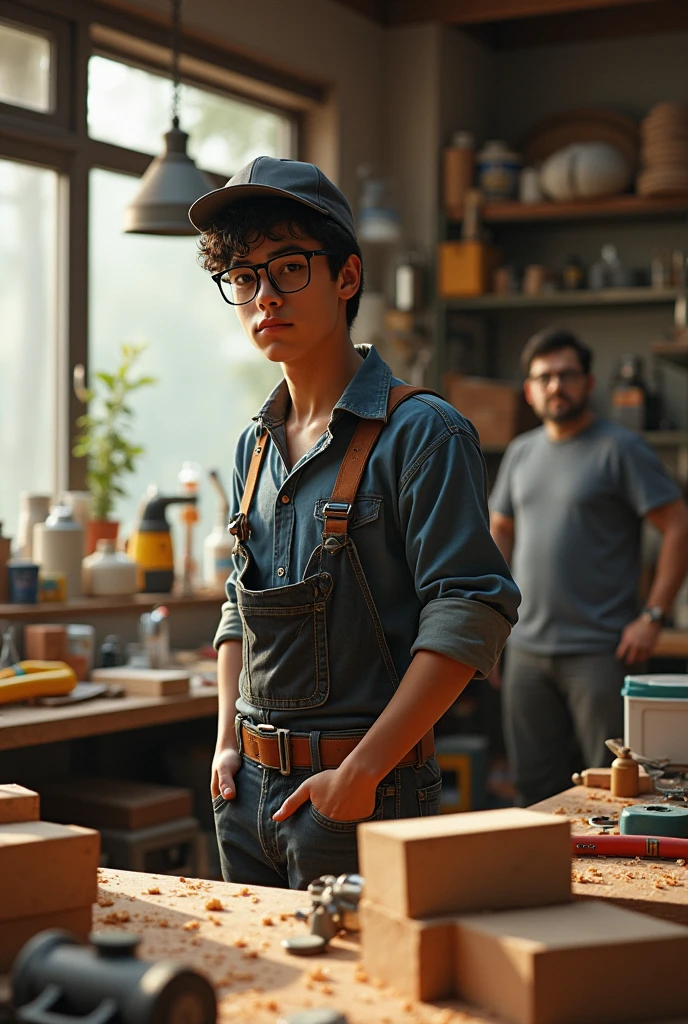 Create a photo of a young man with slanted eyes, yellow skin, black hair, and glasses, with various functions.,mechanic,carpenter,bricklayer a famous handyman a thousand gadgets being exploited by his father wearing black framed glasses and transparent lenses short wavy hair