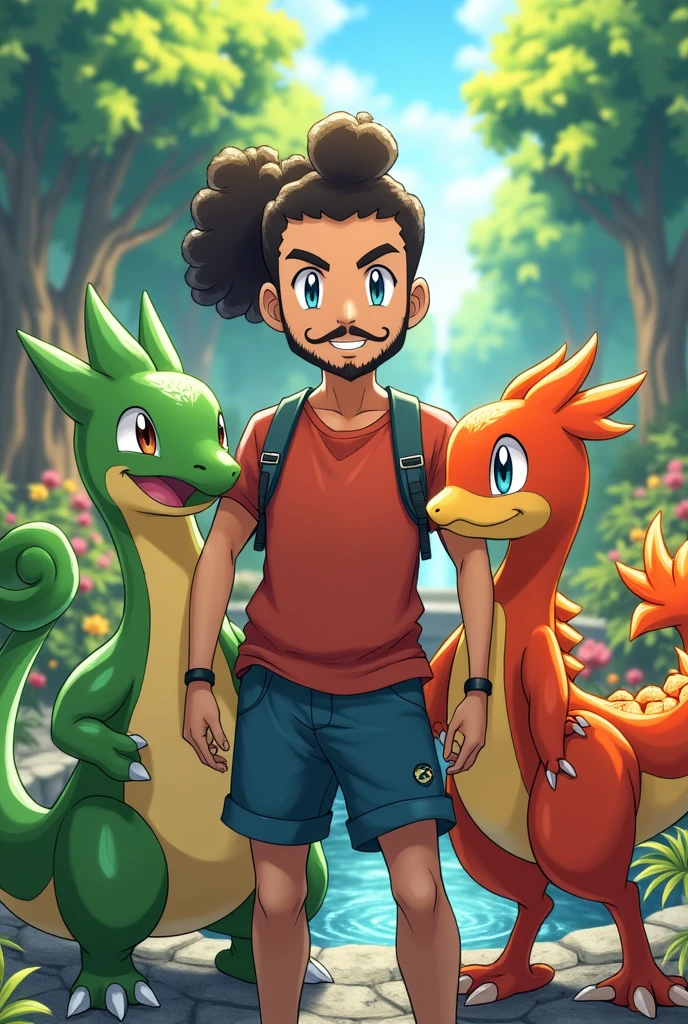 draw a Latin Pokemon trainer with a bun and curly hair, scraped on the side, with beard and mustache, ao lado do pokemon  shiny dragonite, do pokemon blaziken