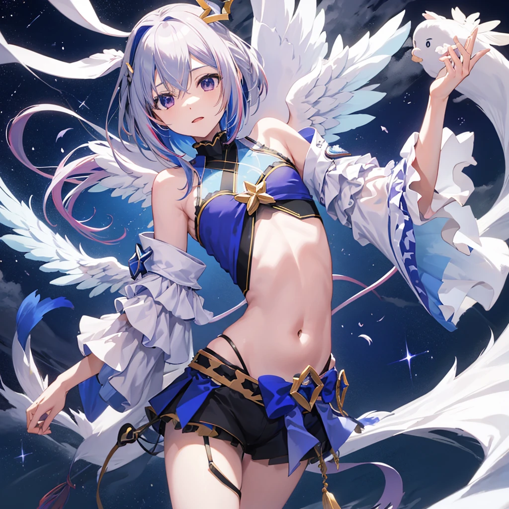 Amane Kanata,Hololive,Cool pose,Night Sky,(No sleeve,Belly button,White Wings),sea of clouds,A flying dragon in the background