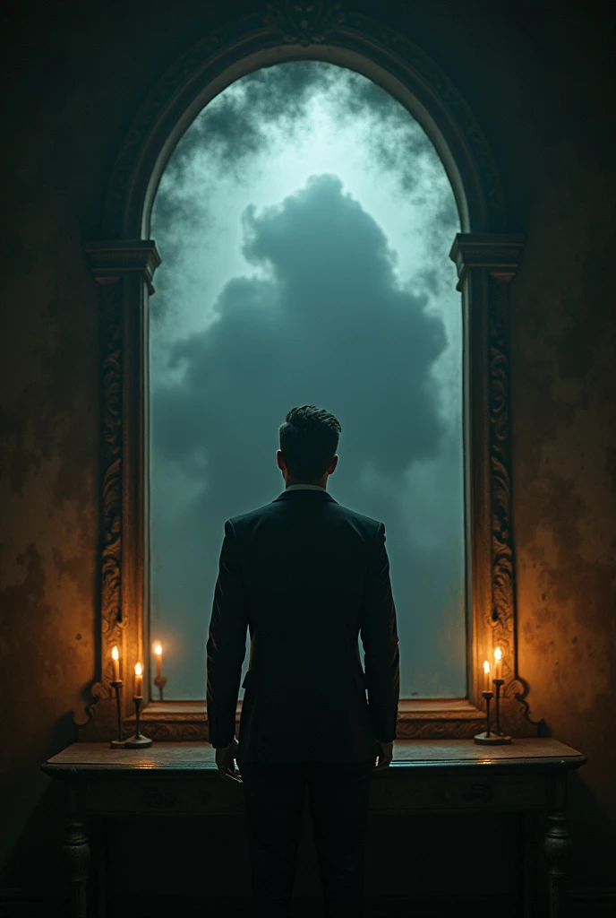 A man standing in front of an old, clouded mirror, with a terrified expression on his face. The reflection in the mirror is a dark cloud that seems to be moving, with undefined contours that suggest an evil presence. The cloud is emerging from the mirror, as if about to engulf the man.