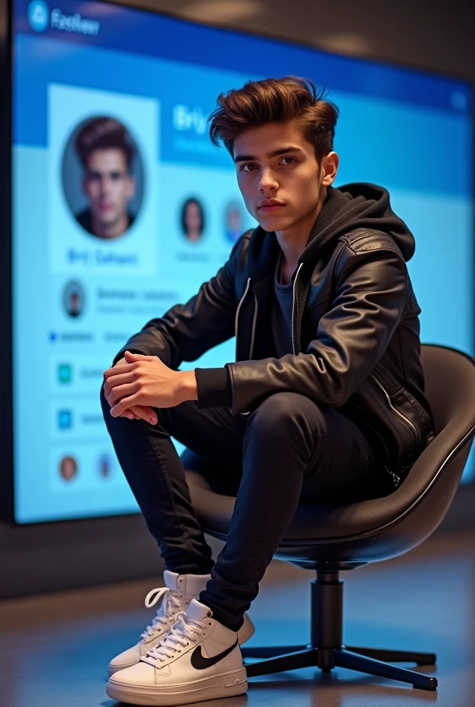 realistic photo of a 18 years old boy sitting on a logo chair of a social media logo “Facebook”. wearing Top model clothes. The background is mockup of his social media profile page with a profile name “brij sahani” and a profile picture . soft light reflectio.
