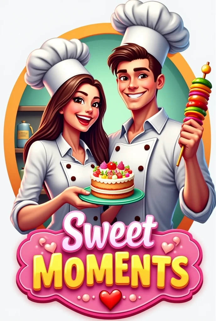 Logo of a young couple, a male and female chef, holding a cake and a skewer, for a fast food restaurant named Sweet Moments