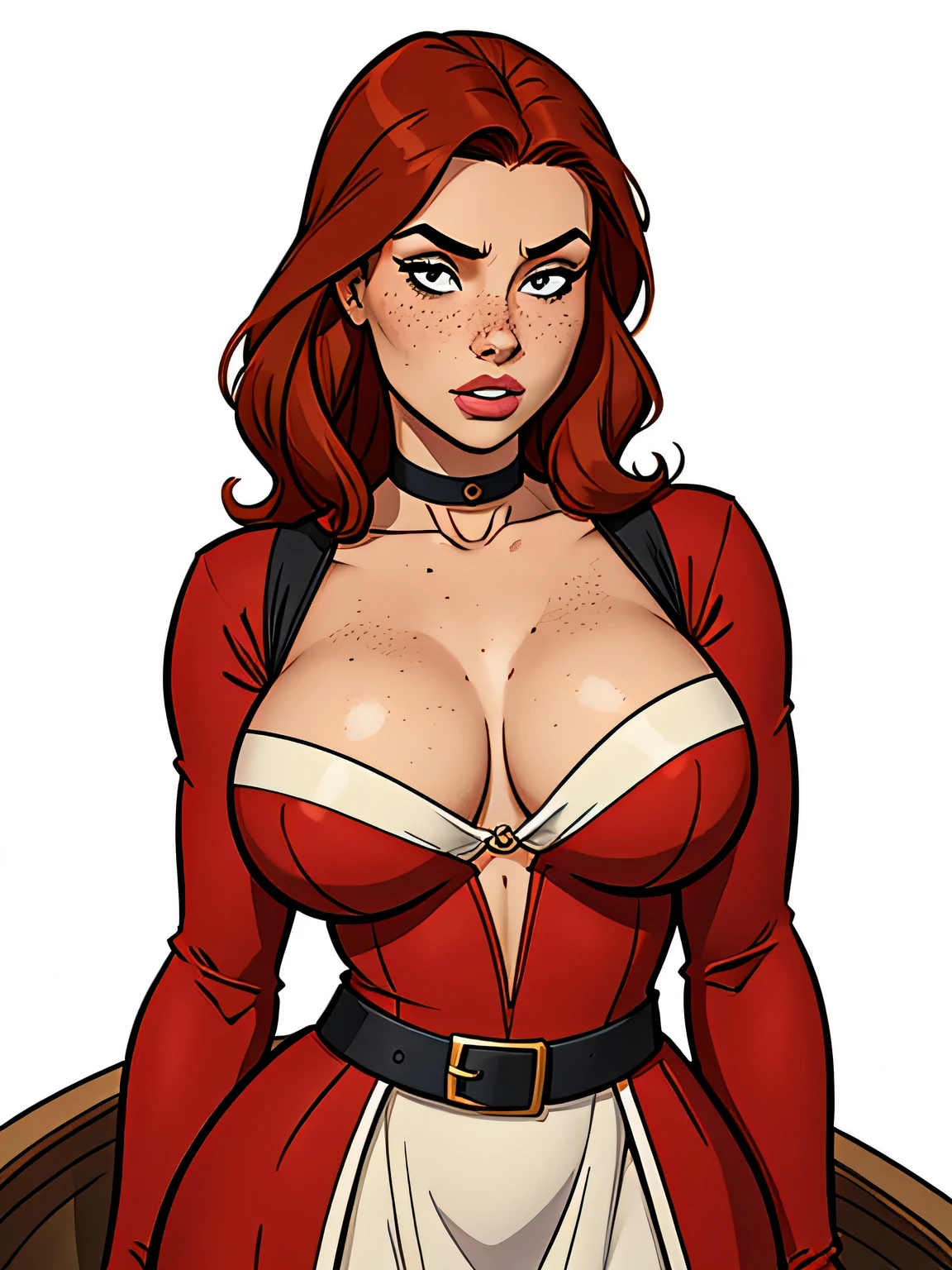 Thin woman, age 25, 4K (High definition), thoughtful, seducing gaze, eyes browns, wearing medieval dress (red and white edges) with a boat neckline and long sleeves, arms at the side of the body, choker on the neck, brown belt, Caucasian skin, long curly red hair, standing (upper body), full of curves with freckles across her chest and neck, big natural round breasts. Marvel style high quality, white background.