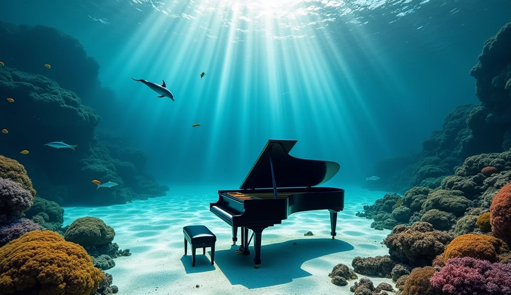 Two dolphins, a sunken ship. A colorful coral reef "A stunning underwater scene featuring a black grand piano resting on a sandy seabed. Several dolphins swim gracefully around the piano. Sunbeams filter through the clear water, creating beautiful patterns on the sand and piano. The overall atmosphere is tranquil and mesmerizing, with the piano standing out against the vibrant blue tones of the ocean. The dolphins are playful and inquisitive, enlivening the serene underwater environment. The image is realistic, capturing fine details of the piano, dolphins and underwater light effects." Tropical fish swim gracefully around colorful coral. Change the composition to a top-down view