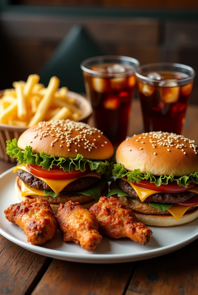 Two plain hamburgers. four chicken wings, French fries, two cokes in a glass