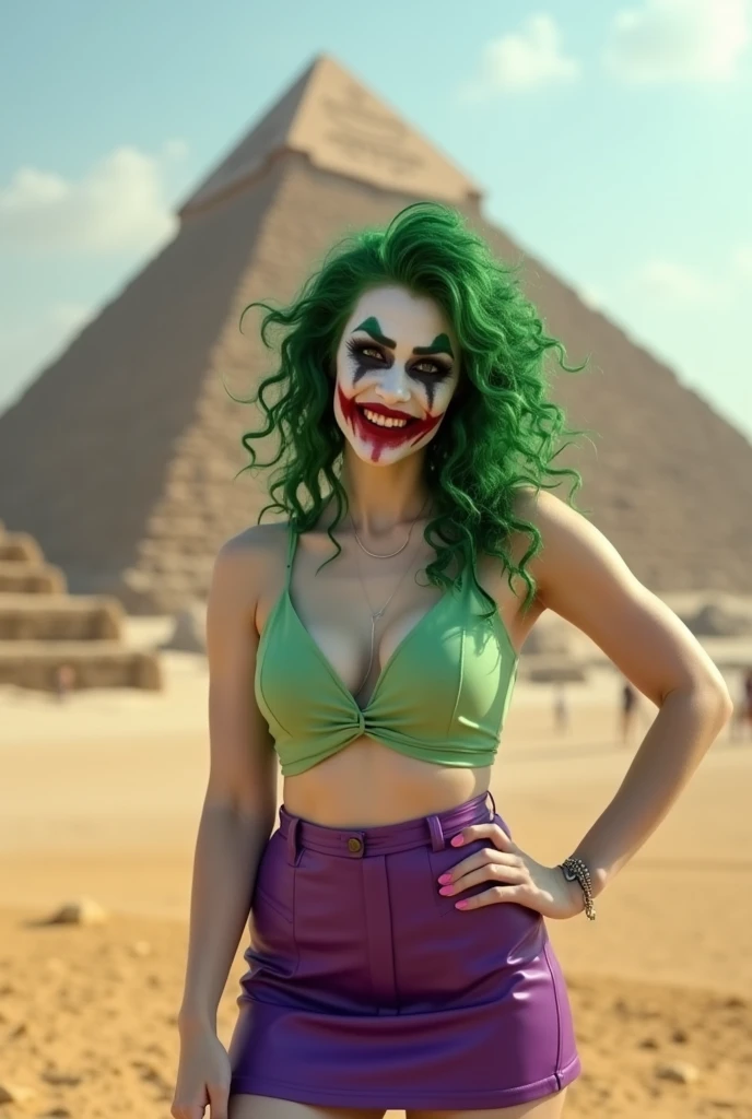 {
"prompt": "A faithful female version of the iconic Joker from DC Comics, reimagined with a seductive yet psychotic allure, wearing sexy, thematic attire while posing at the Pyramids of Giza in Egypt. She has pale white skin and wild, vibrant green hair styled in messy, chaotic curls. Her makeup is heavy and smeared, inspired by Heath Ledger’s Joker, with dark, hollow eyes surrounded by smudged black makeup and a blood-red, twisted smile that extends unevenly beyond the corners of her mouth, creating a chilling yet irresistible grin. She wears a form-fitting, light green crop top with a plunging neckline and a purple high-waisted mini skirt that highlights her toned physique. She completes the look with matching purple high-heeled sandals. She stands confidently in front of the ancient pyramids, with the Sphinx visible nearby, her pose both alluring and provocative. Her hand rests on her hip while the other playfully twirls her green hair, her gaze filled with a mix of madness and seduction. The contrast between her chaotic appearance and the timeless grandeur of the pyramids creates a striking and unforgettable scene.",
"size": "1024x1792"
}