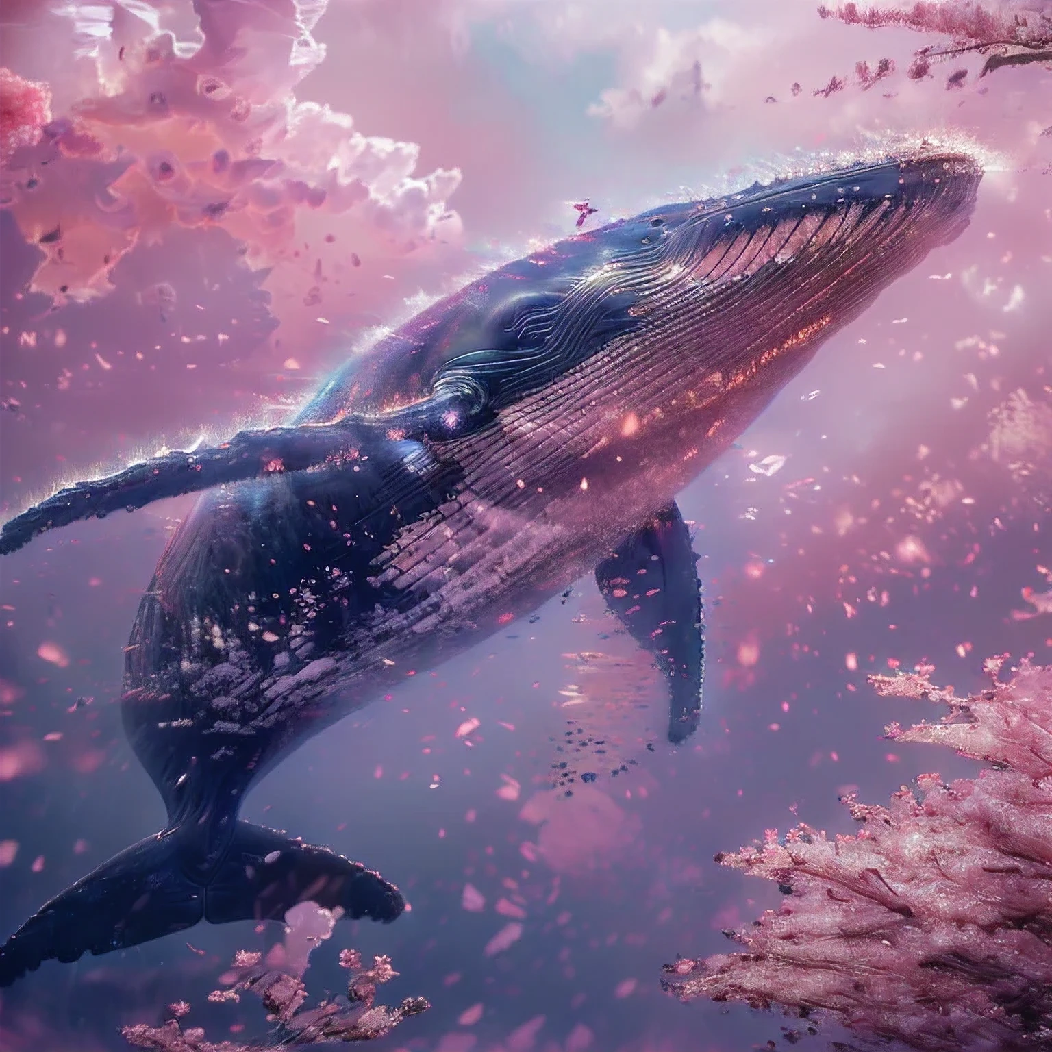 There is a whale jumping in the air, 4k highly detailed digital art, Surreal 3D illustration, Robot Whale, Super real、Highly detailed 8K, 3D rendering of beeple, 4k HD wallpaper very detailed, Beautiful digital art work, 8K high-quality detailed art, Movie Honeycomb, 8K highly detailed art