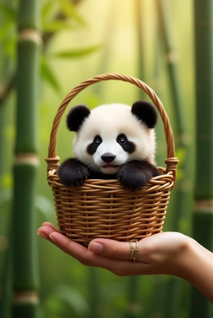((masterpiece,best quality,)),close up,side,Cute panda in a small bamboo basket,A sexy hand holding a basket