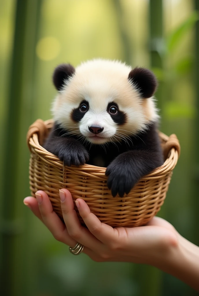 ((masterpiece,best quality,)),close up,side,Cute panda in a small bamboo basket,A sexy hand holding a basket