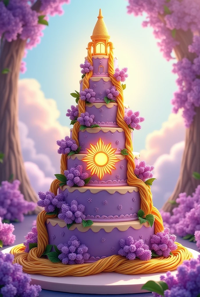 I need you to make a 5-tier cake with Rapunzel's tower on top and thick braids of Rapunzel's hair around the cake, flowers in purple lilac and with the sun in the middle of the cakes 

