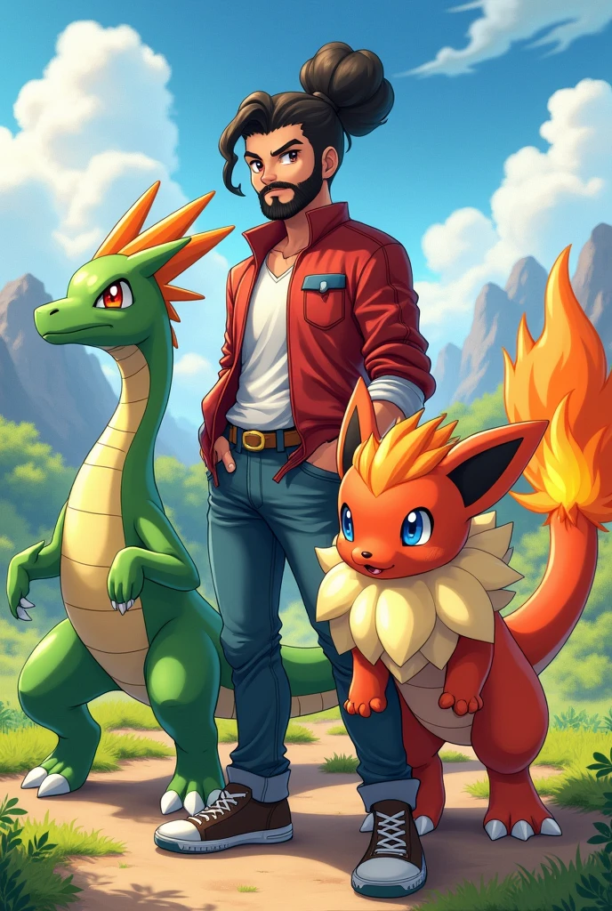 draw a Latin Pokemon trainer with a bun and curly hair, scraped on the side, with beard and mustache, ao lado do pokemon shiny dragonite, do pokemon blaziken