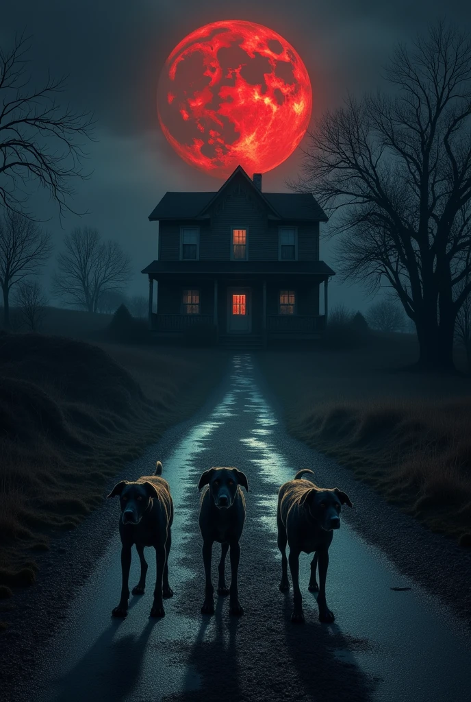 Create the image of my dream, I dreamt that there was a hill in front of my house street, at my door, I was 03:00 in the morning, The street was completely dark and black and the wind was blowing hard , and there were 3 blind, skinny, hungry and angry black dogs in front of my door., The moon was full in the sky and red like blood, There were no clouds or stars in the sky, Something seemed to be watching me but I couldn't see it.