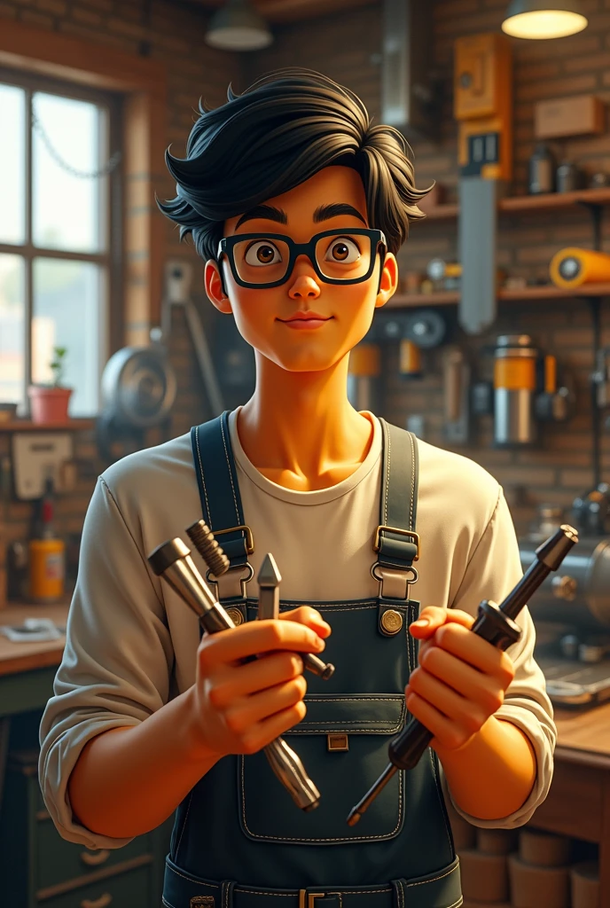 Create a photo of a young man with slanted eyes, yellow skin, black hair, and glasses, with various functions.,mechanic,carpenter,bricklayer a famous handyman a thousand gadgets being exploited by his father wearing black framed glasses and transparent lenses short wavy hair