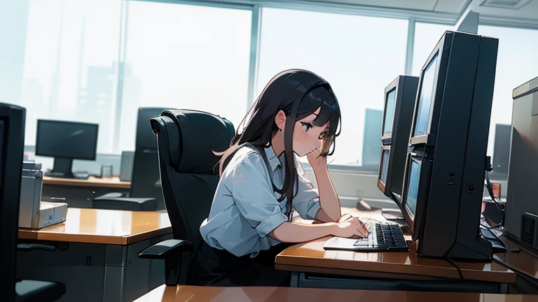 A woman working in an office、Please draw an illustration of a woman concentrating on desk work while wearing a tight skirt.。Computers and documents are lined up in the background.、There is a professional atmosphere。