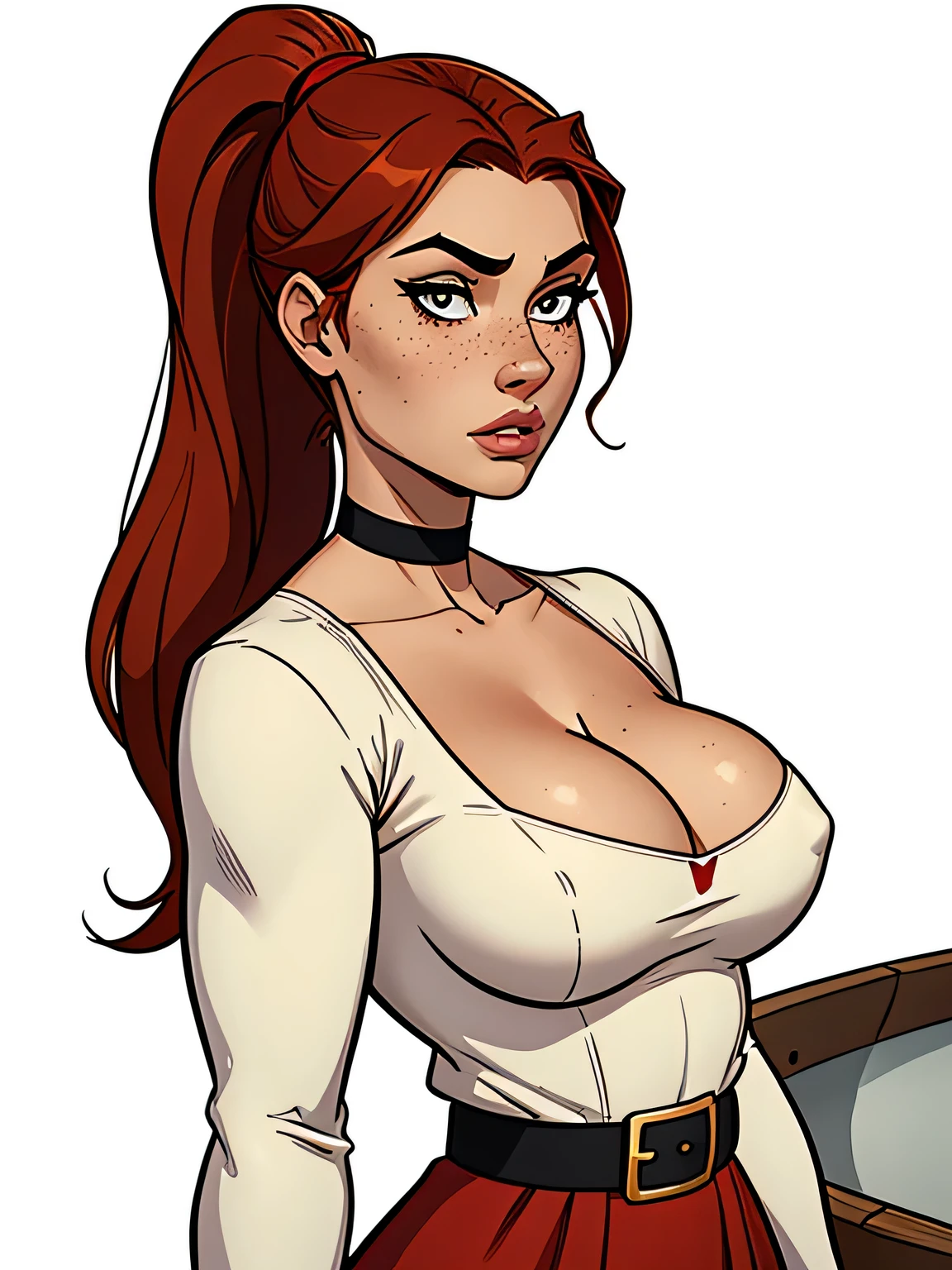 Thin woman, age 25, 4K (High definition), thoughtful, seducing gaze, eyes browns, wearing medieval dress (red and white edges) with a boat neckline and long sleeves, arms positioned behind the body, choker on the neck, brown belt, Caucasian skin, red hair in a long ponytail, standing (upper body), full of curves with freckles across her chest and neck, big natural round breasts. Marvel style high quality, white background.