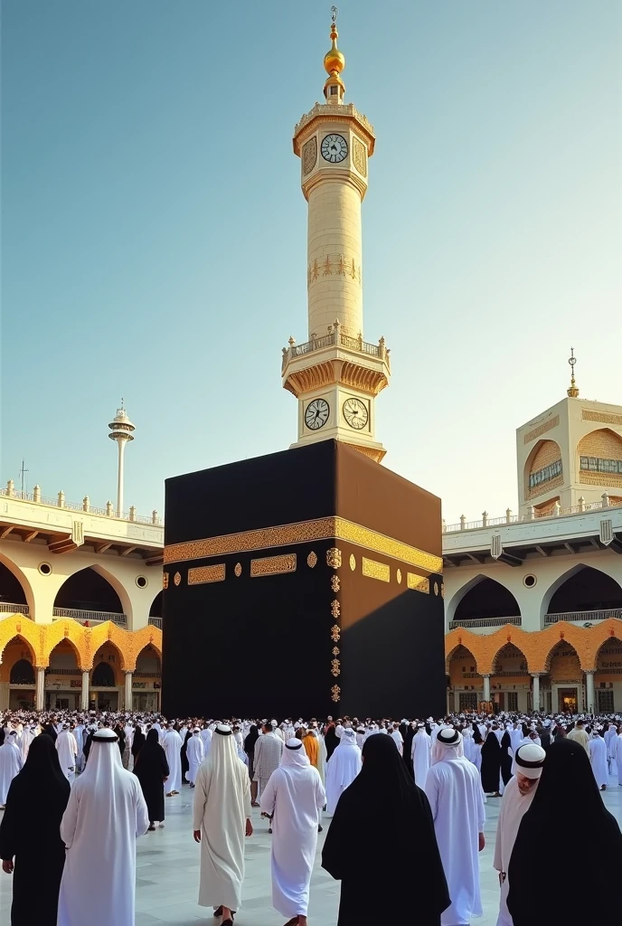 (photorealism:1.2), beautiful and holy place of islam khana kaba ,makkah hajii around kibla clock tower of makkah should be 