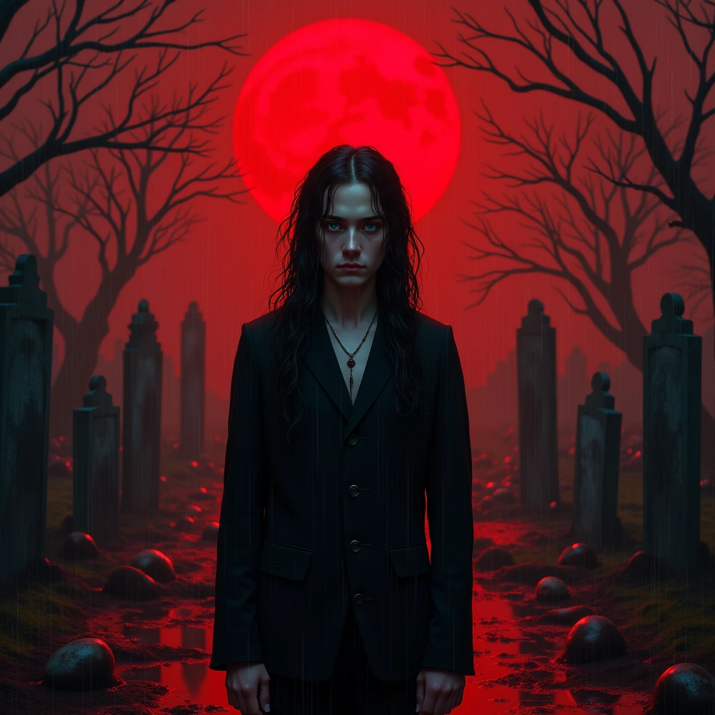 Male, 19-year-old, long black hair, teal blue eyes, gothic clothes. delicate features, no facial hair, no body hair, white and pale. Blood pouring down. Red. No facial hair. Man. Male. No body or facial hair. Young male. Male. Raining blood from the sky. Scary atmosphere. Dark. In a graveyard. Raining blood from the sky. Raining blood. Midnight. Bloody. Raining blood. Red. Tired and unhappy expression. Sinking in the blood. Ghosts and corpses everywhere. (((Very dark))) Red sky. Blood pouring down from the sky. (((Scary.)))) Despair. Looking at the camera, frowning. Red moon.