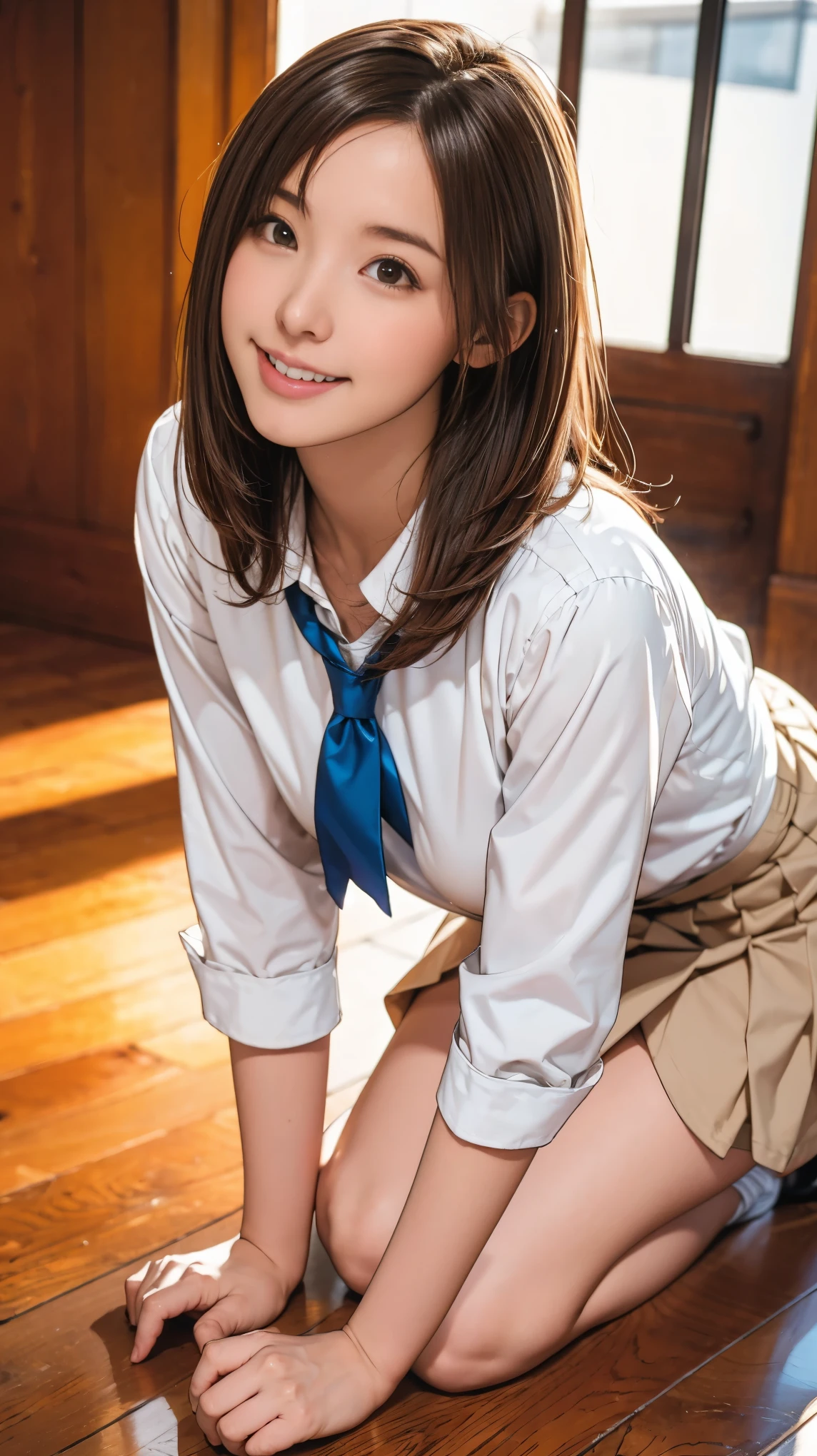 Look up at the camera from your feet:1.2、Shooting from a low angle:1.2,The best smile:1.5、Highest quality, High School Girl Uniform:1.5, Medium chest, Pleated skirt:1.5, Medium Curly Hair, Beautiful light brown hair, White blouse, Showing panties:1.2,