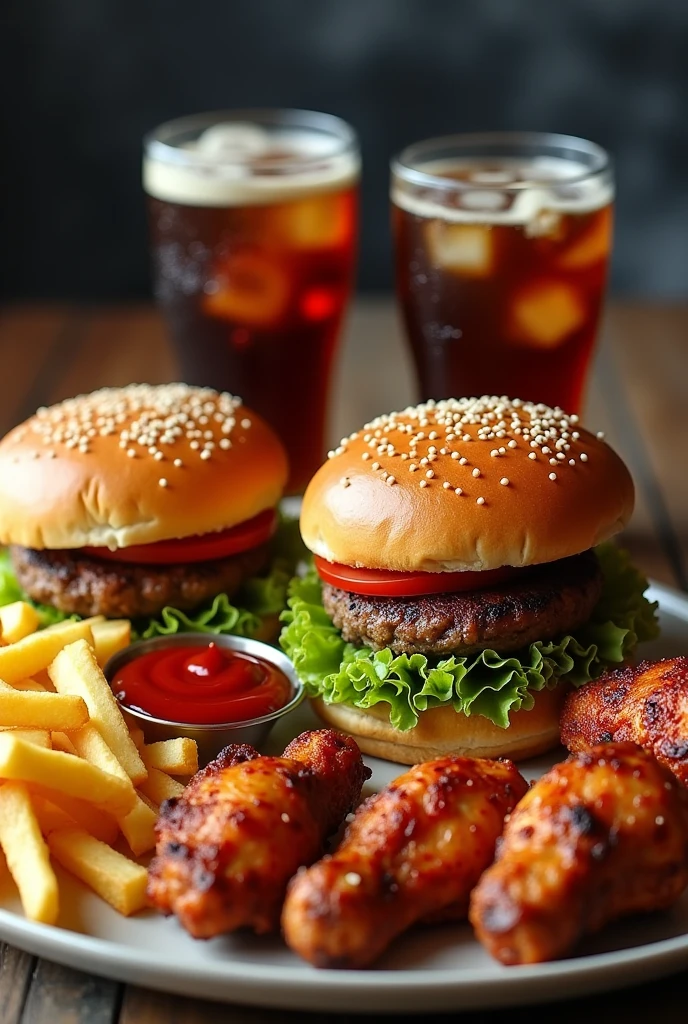 Two plain hamburgers. four chicken wings, French fries, two cokes in a glass