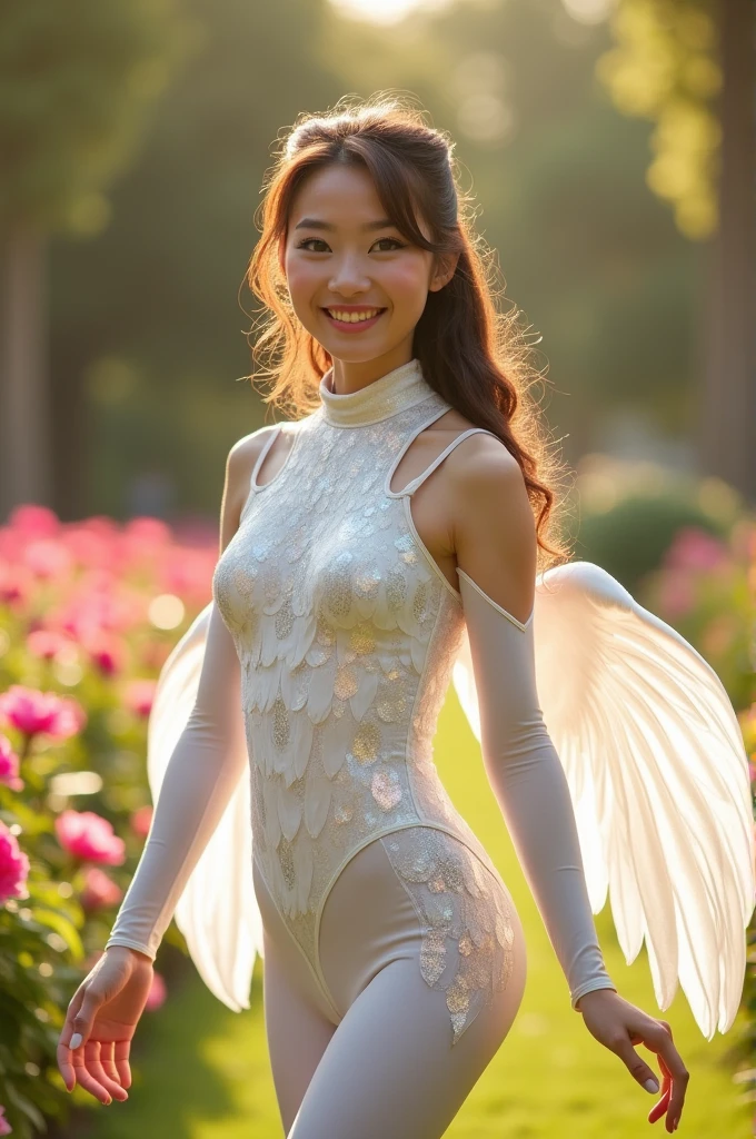 The beautiful asian adult girl with beautiful cheeks wears shiny white beautiful swan lycra turtleneck unitard catsuit covered with feather-like scales(sleeves have wings) and lycra elastane dancewear hood.She is happy in the garden.