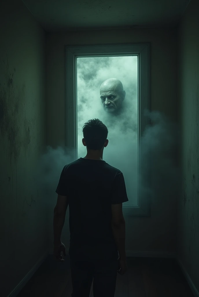 
A man standing in front of an old, clouded mirror, with a terrified expression on his face. The reflection in the mirror is a dark cloud that seems to be moving, with undefined contours that suggest an evil presence. The cloud is emerging from the mirror, as if about to engulf the man. 