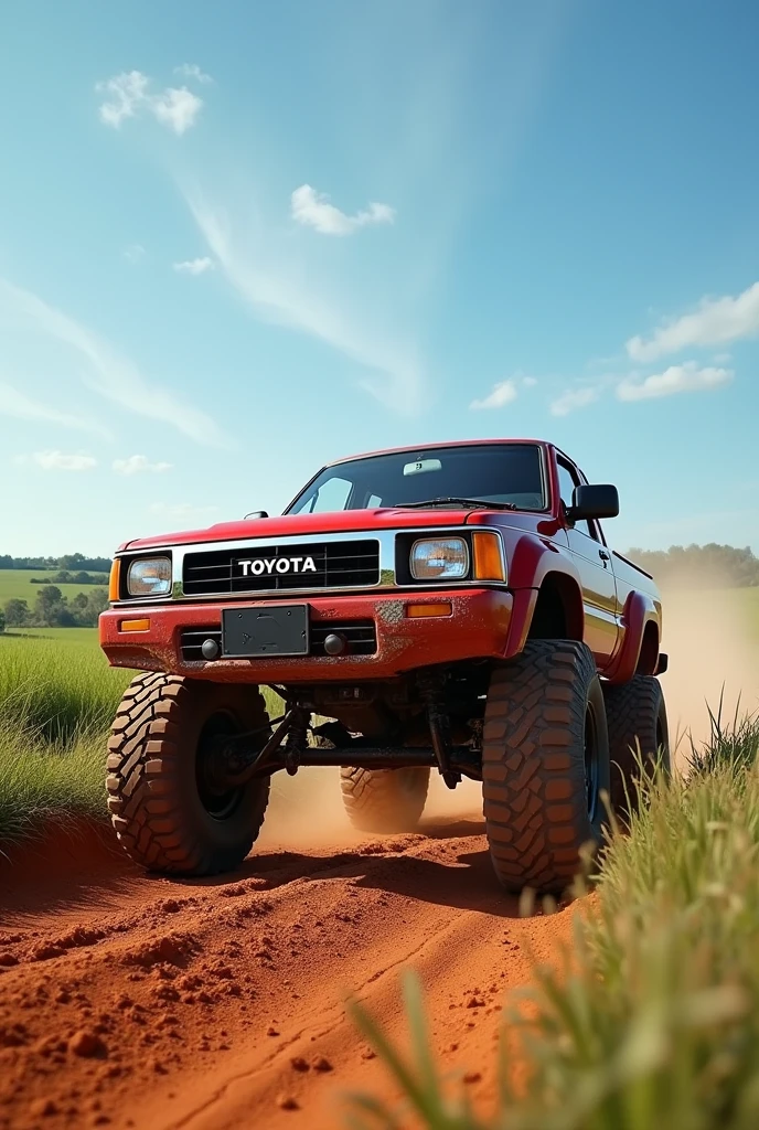 Toyota hilux 1992 big wheels with a red cilvines cabin that says hilux