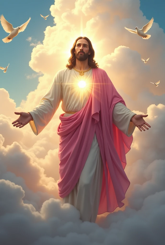(photorealism:1.2), handsome Jesus Christ, depicting a figure of handsome Jesus Christ ascending to heaven that full of clouds and sorrounded of light at the center, wearing the pink of the king clothes with light in his head and heart spreading all over, perfect five finger, handsome hair, outdoors, soft lighting, so many dove in the background, beautiful sunlight, paradise of clouds, relaxed pose, realistic, intricate details, bright colors,