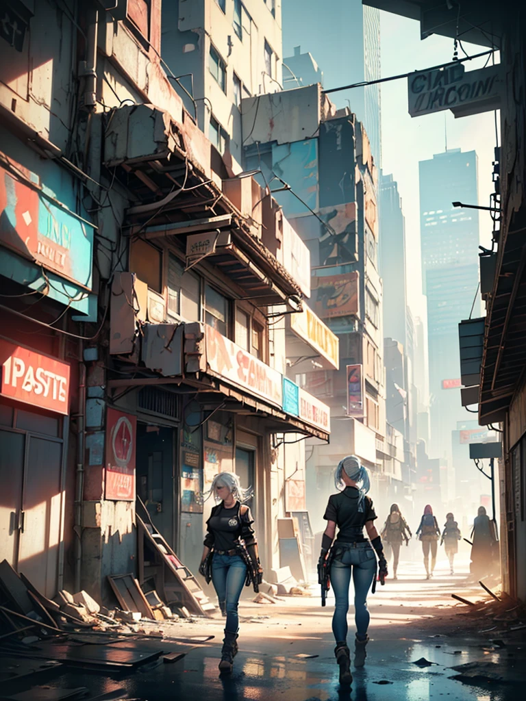 A post-apocalyptic scene in New York, 4 girls in front, 4 girls in retro-style outfits, tight blue jeans, blue,red,black,white clothes, ponytails, blue,white hair, holding light guns, fierce poses, (best quality,4k,8k,highres,masterpiece:1.2),ultra-detailed,(realistic,photorealistic,photo-realistic:1.37),extremely detailed girls, beautiful detailed eyes,beautiful detailed lips,extremely detailed eyes and face,long eyelashes,highly detailed environment,dystopian,cinematic lighting,dramatic shadows,gritty,grunge,muted colors,post-apocalyptic,abandoned city,rubble,concrete,neon signs,cyberpunk,retrofuturistic