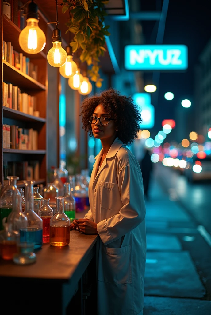 A chemistry lab on the street at night called Evelyn Rios