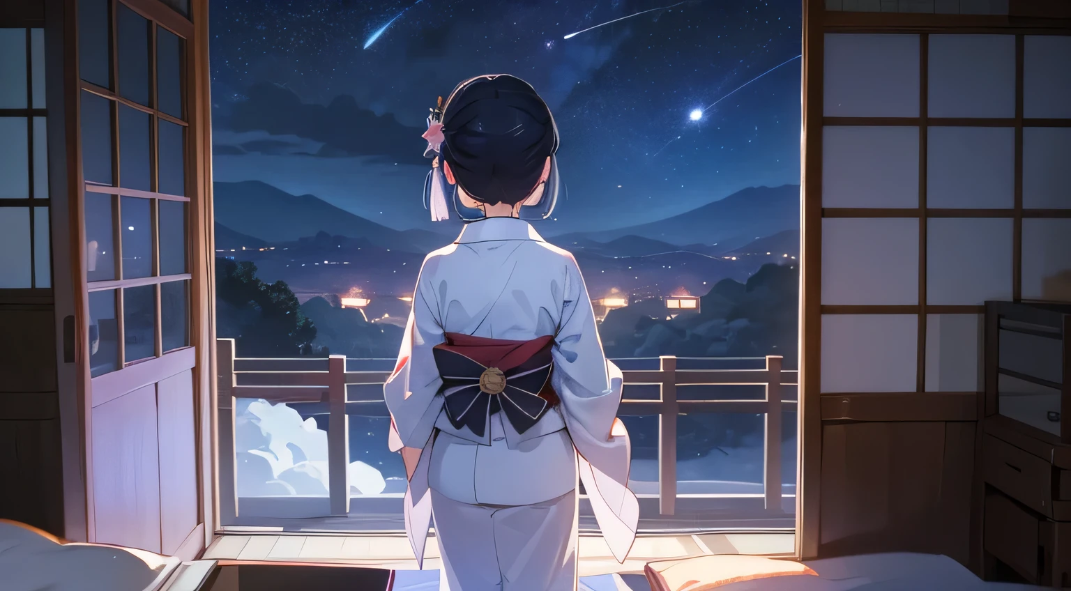 night sky,stars,window,relax,room,smile,kimono,japanese girl,back view