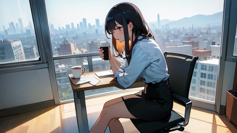 A working woman wearing a tight skirt、Please draw an illustration of someone taking a break by the window in the office.。A woman holds a coffee cup、Relaxing and looking at the view outside。The cityscape spreads in the background.。