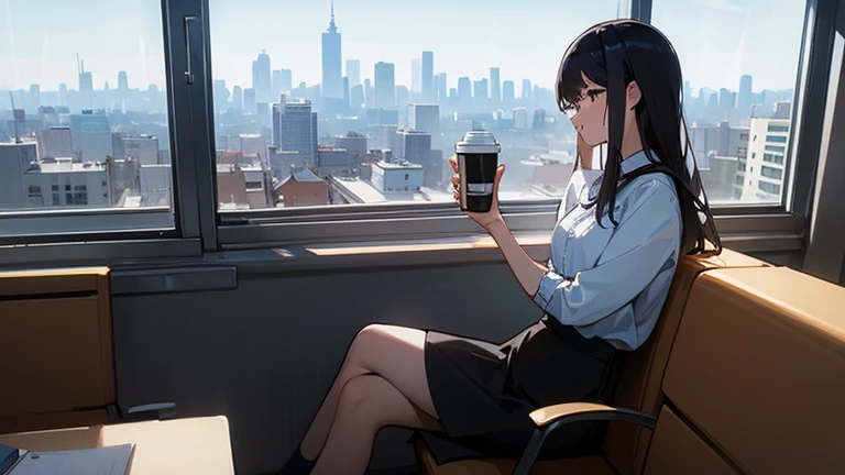 A working woman wearing a tight skirt、Please draw an illustration of someone taking a break by the window in the office.。A woman holds a coffee cup、Relaxing and looking at the view outside。The cityscape spreads in the background.。