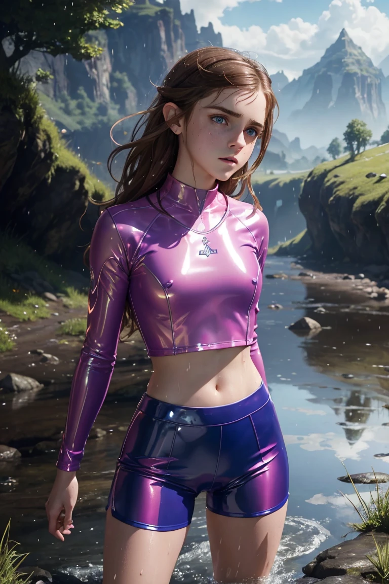 masterpiece. 4k. highly detailed epic fantasy oil painting of beautiful Emma Watson. sparkly blue eyes, freckles. detailed stylish suit,
shiny tight translucent pink latex shorts, crop top. athletic. Hyrule motif. Posing like model on creek. sweating. rain. river. wet.
from above, eagle eye shot, far shot. wildflowers.