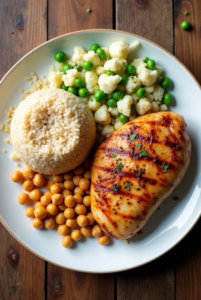 A healthy meal with a small portion of brown rice next to a small portion of chickpeas, with coleslaw with cauliflower and peas and chicken breast, The photo needs to have a top angle and needs to be assembled very simply.
