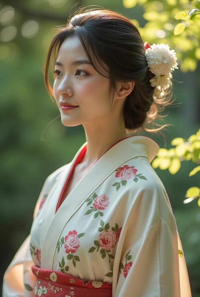 An elegantly dressed Japanese woman in natural light、A close-up of her chest and calm expression.、It shows her inner peace and outer charm.。