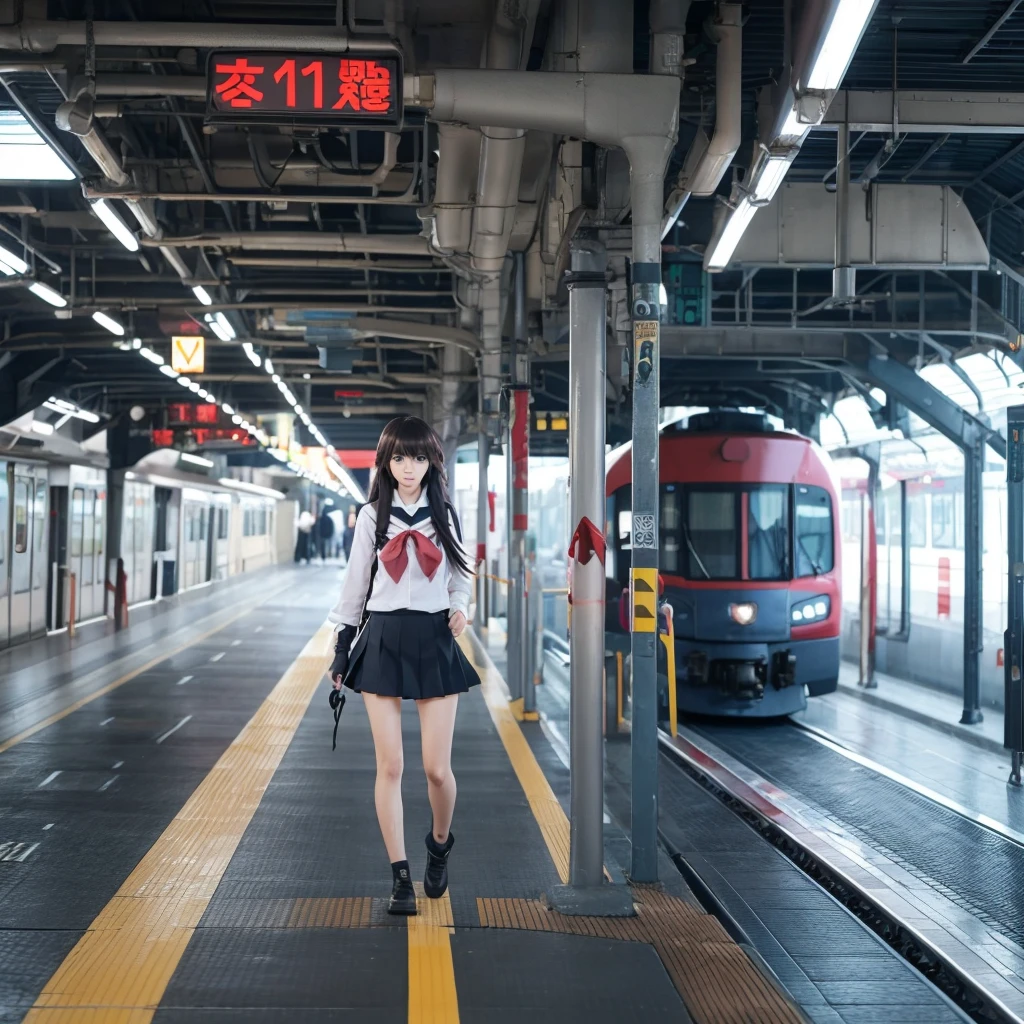Long haired anime girl walking on train platform, Kantai Collection Style, Railgun, konpeki no kantai, Kantai Collection Arcade, Kantai Collection, Makoto Shinkai style, Cute anime visuals, Makoto Shinkai's art style, Beautiful anime school girl, Anime Style 4k, Official artwork, shinkai makoto