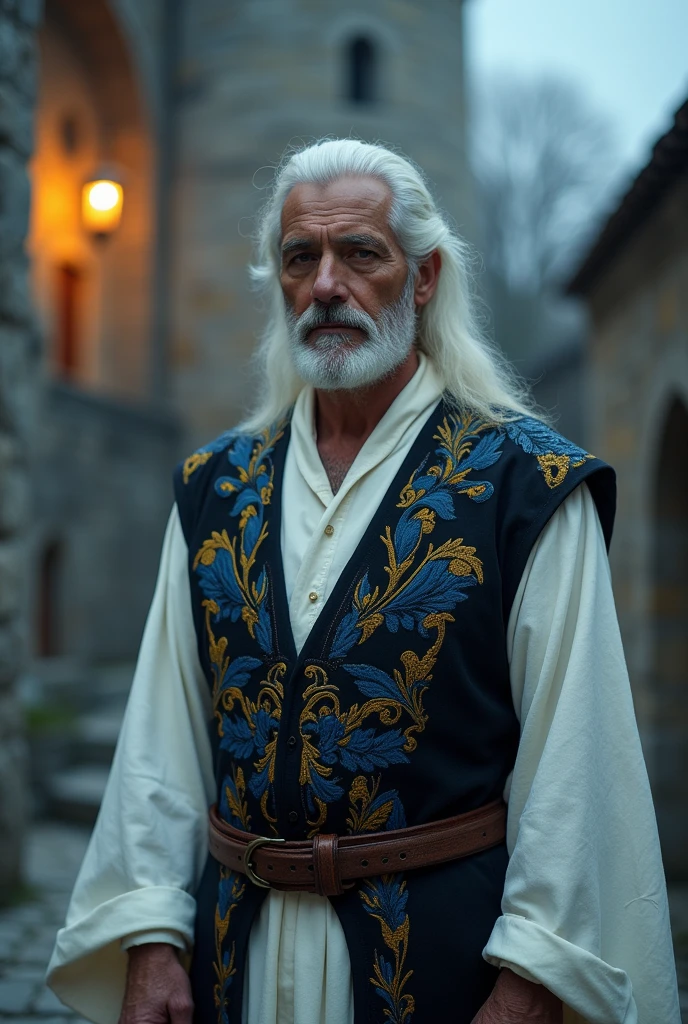 Make a white-haired man combed towards ,behind the age of 40 years, with a white robe and a black vest with blue and yellow medieval style